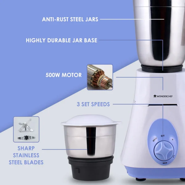 WONDERCHEF Vietri Mixer Grinder 500W, 2 year warranty on motor, with 3 Stainless Steel Jars (White & Blue) 63153026 (WON384) - Image 4