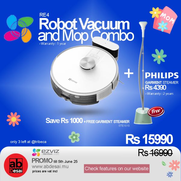 EZVIZ RE4: Robot Vacuum and Mop Combo + Free Philips Garment Steamer STE1010 worth Rs 4390 + Save Rs 1000