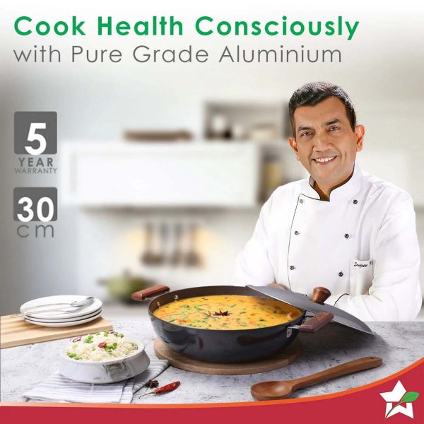 WONDERCHEF Ebony 30 cm Hard Anodized Deep Kadhai/Kadai with Lid - 6 Litre | Ideal for Sauteeing veggies, Dal and Curries | Black 63153109 (WON350) - Image 2