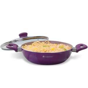 WONDERCHEF Royal Velvet Non-stick 24cm Kadhai with Lid and Handles | Glass Lid | Induction Ready | Soft-touch handles |Non – Toxic I Virgin Aluminium| 3 mm thick | 2 year warranty | Purple WON578-63152112