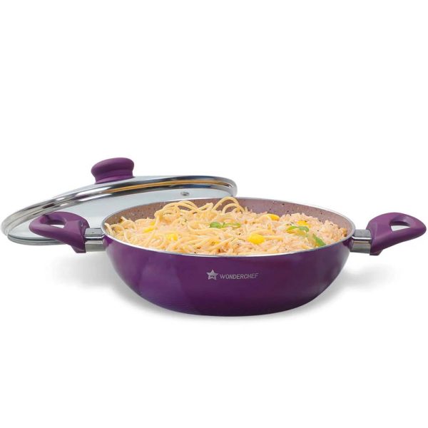WONDERCHEF Royal Velvet Non-stick 24cm Kadhai with Lid and Handles | Glass Lid | Induction Ready | Soft-touch handles |Non – Toxic I Virgin Aluminium| 3 mm thick | 2 year warranty | Purple WON578-63152112