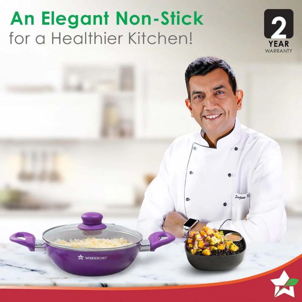 WONDERCHEF Royal Velvet Non-stick 24cm Kadhai with Lid and Handles | Glass Lid | Induction Ready | Soft-touch handles |Non – Toxic I Virgin Aluminium| 3 mm thick | 2 year warranty | Purple WON578-63152112 - Image 2