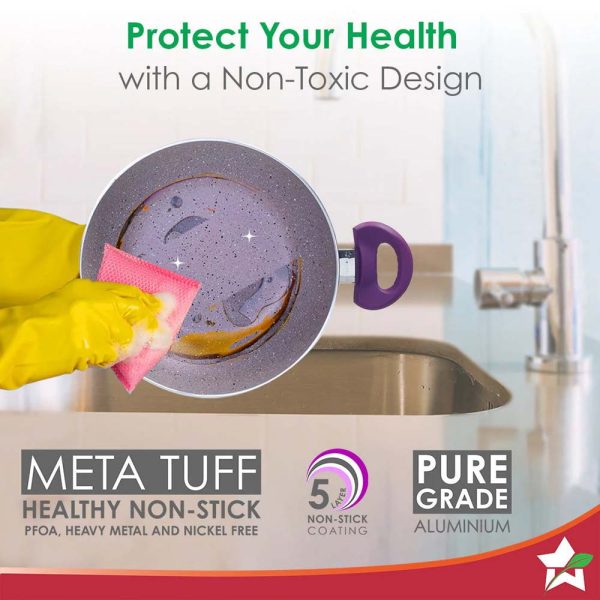 WONDERCHEF Royal Velvet Non-stick 24cm Kadhai with Lid and Handles | Glass Lid | Induction Ready | Soft-touch handles |Non – Toxic I Virgin Aluminium| 3 mm thick | 2 year warranty | Purple WON578-63152112 - Image 3