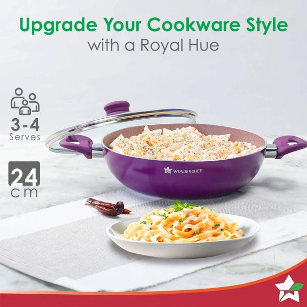 WONDERCHEF Royal Velvet Non-stick 24cm Kadhai with Lid and Handles | Glass Lid | Induction Ready | Soft-touch handles |Non – Toxic I Virgin Aluminium| 3 mm thick | 2 year warranty | Purple WON578-63152112 - Image 5