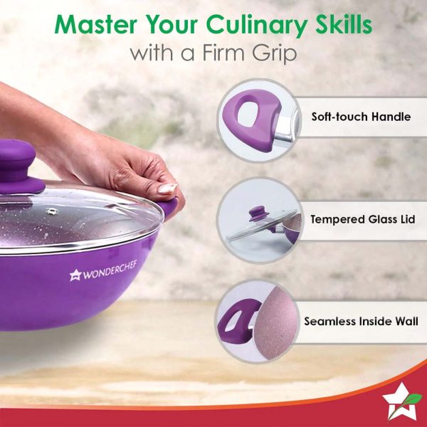 WONDERCHEF Royal Velvet Non-stick 24cm Kadhai with Lid and Handles | Glass Lid | Induction Ready | Soft-touch handles |Non – Toxic I Virgin Aluminium| 3 mm thick | 2 year warranty | Purple WON578-63152112 - Image 6