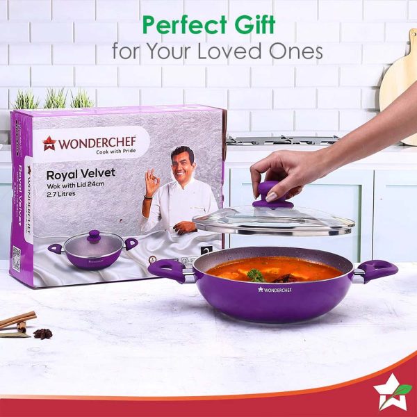 WONDERCHEF Royal Velvet Non-stick 24cm Kadhai with Lid and Handles | Glass Lid | Induction Ready | Soft-touch handles |Non – Toxic I Virgin Aluminium| 3 mm thick | 2 year warranty | Purple WON578-63152112 - Image 7