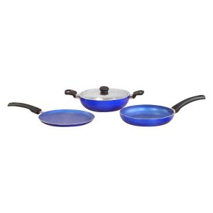 WONDERCHEF Trendy Nonstick Set, 4Pc (Kadhai With Stainless Steel Lid, Frying Pan, Dosa Tawa), Cool Touch Handles, Pure Grade Aluminium, PFOA Free, 1 year Warranty, Blue 63153726 (WON755)