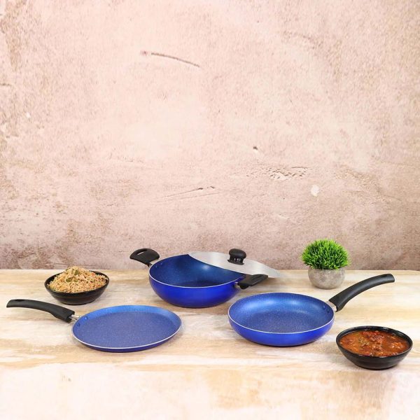 WONDERCHEF Trendy Nonstick Set, 4Pc (Kadhai With Stainless Steel Lid, Frying Pan, Dosa Tawa), Cool Touch Handles, Pure Grade Aluminium, PFOA Free, 1 year Warranty, Blue 63153726 (WON755) - Image 6