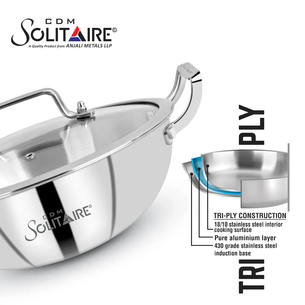 SOLITAIRE Triply Stainless Steel Wok 36cm Induction Base with Glass Lid TPKGL09 + Add Rs 250 Get MIT066 1500ml Clay Curd Pot  worth Rs 600 - Image 5