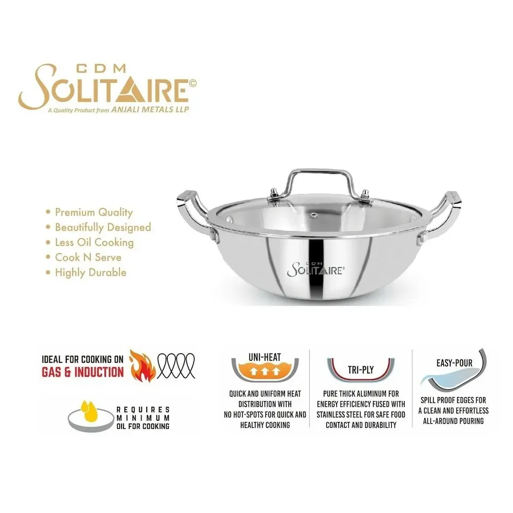 SOLITAIRE Triply Stainless Steel Wok 36cm Induction Base with Glass Lid TPKGL09 + Add Rs 250 Get MIT066 1500ml Clay Curd Pot  worth Rs 600 - Image 4