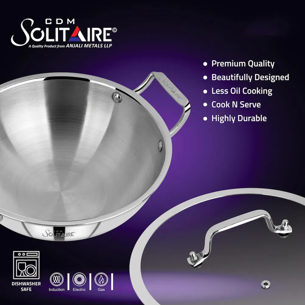 SOLITAIRE Triply Stainless Steel Wok 36cm Induction Base with Glass Lid TPKGL09 + Add Rs 250 Get MIT066 1500ml Clay Curd Pot  worth Rs 600 - Image 3