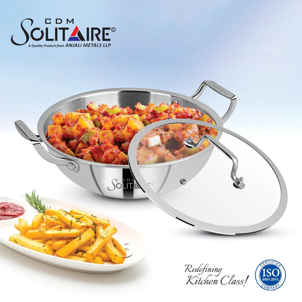 SOLITAIRE Triply Stainless Steel Wok 36cm Induction Base with Glass Lid TPKGL09 + Add Rs 250 Get MIT066 1500ml Clay Curd Pot  worth Rs 600 - Image 2