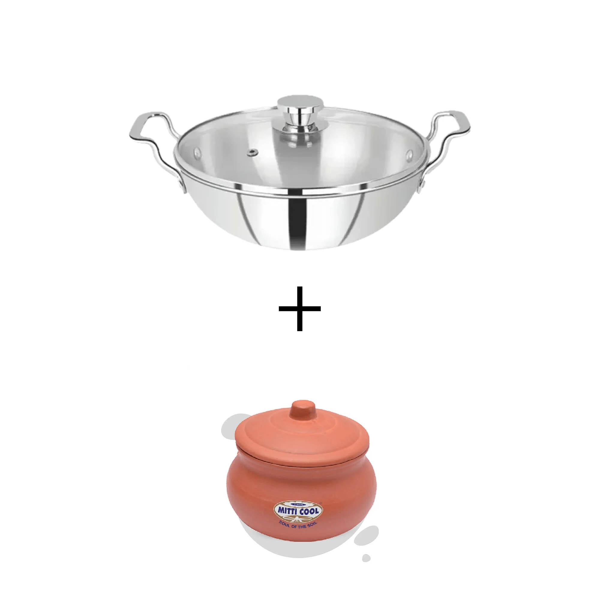 SOLITAIRE Triply Stainless Steel Wok 30cm Induction Base with Glass Lid TPKGL06 + Add Rs 250 Get MIT066 1500ml Clay Curd Pot  worth Rs 600