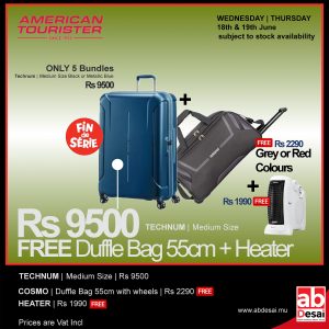 AMERICAN TOURISTER Bundle Technum Medium Black  + Cosmo American Tourister 55cm duffle with wheels + RICO Fan Heater