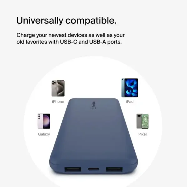 BELKIN 10k Power Bank With USB-C 15w, Dual USB-A, 15cm USB-A To C Cable, Blue BPB011BTBL - Image 3