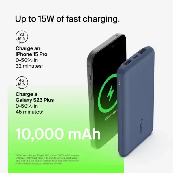 BELKIN 10k Power Bank With USB-C 15w, Dual USB-A, 15cm USB-A To C Cable, Blue BPB011BTBL - Image 4