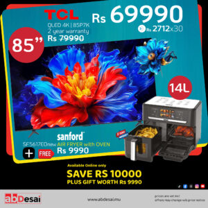 TCL 85" QLED 4K 85P7K + Sanford Airfryer Oven 14L Digital SF5617EO  (free worth Rs 9990)