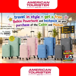 AMERICAN TOURISTER Skylette Medium Black Grey + Volcano Backpack Combo with mouse VK9196-Blk + Free Powerbank BU041HQBK + get the Cabin Size Free