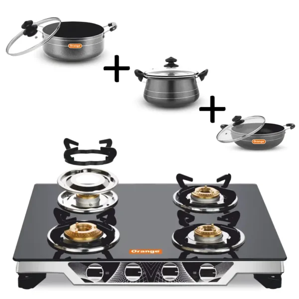 ORANGE Bundle LPG Gas Stove Automatic 4 Burners FLORA401 (ORA175) + ORA148 Casserole +ORA150 Handi+ORA016 Wok