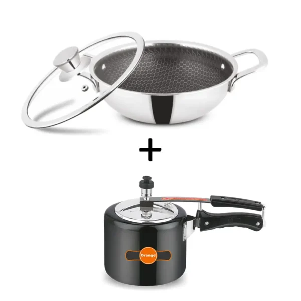 ORANGE Bundle Non Stick Stainless Steel Honey Comb Wok 26cm Induction Friendly (ORA164) + Pressure Cooker 3 Lts (ORA120)