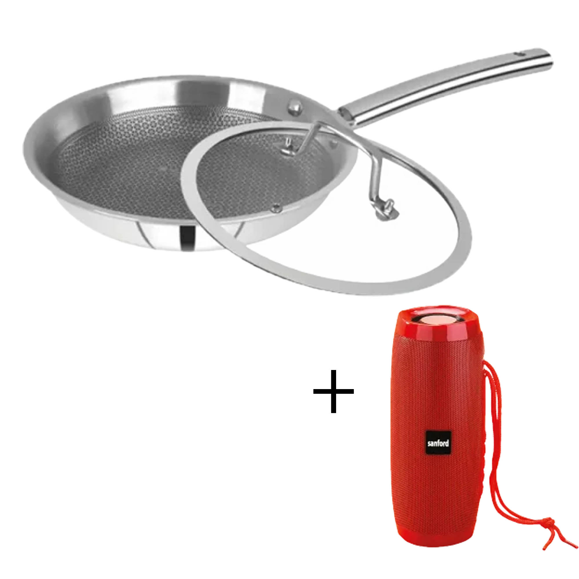 SOLITAIRE Non Stick Triply Stainless Steel Honey Comb Fry Pan with Glass Lid 22cm HCFGL02 - Add Rs 200 and Get the Sanford Portable Rechargeable Radio SF2213PS worth Rs 1275