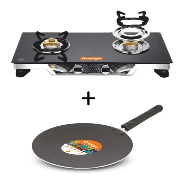 ORANGE Bundle Gas Stove Tempered Glass 2 Burners Automatic FLORA201 (ORA173) + ORA043 Concave Pan