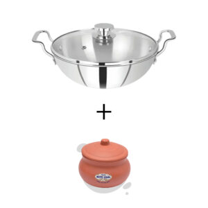 SOLITAIRE Triply Stainless Steel Wok 34cm Induction Base with Glass Lid TPKGL08 + Add Rs 250 Get MIT066 1500ml Clay Curd Pot  worth Rs 600