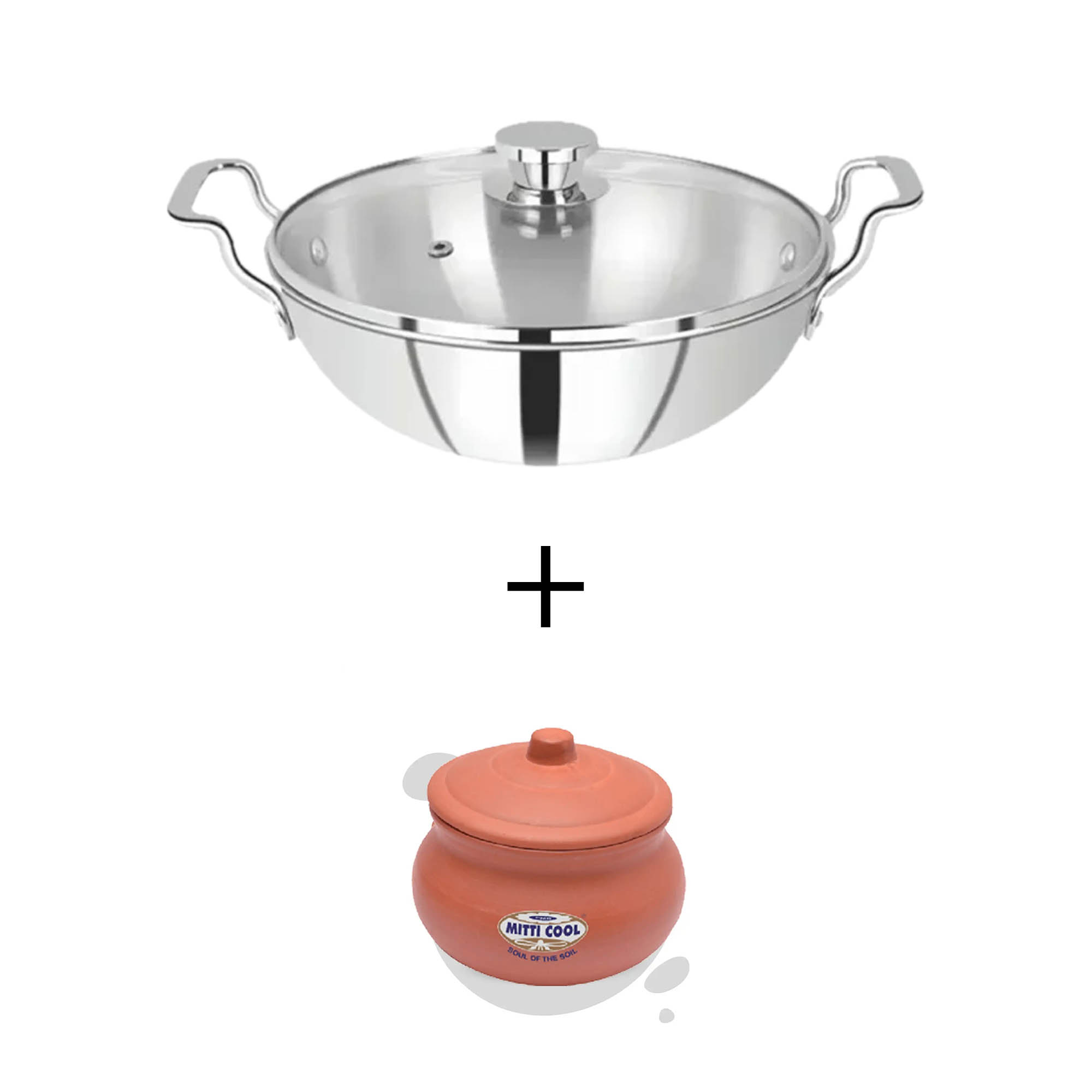 SOLITAIRE Triply Stainless Steel Wok 34cm Induction Base with Glass Lid TPKGL08 + Add Rs 250 Get MIT066 1500ml Clay Curd Pot  worth Rs 600
