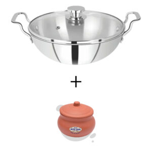 SOLITAIRE Triply Stainless Steel Wok 36cm Induction Base with Glass Lid TPKGL09 + Add Rs 250 Get MIT066 1500ml Clay Curd Pot  worth Rs 600