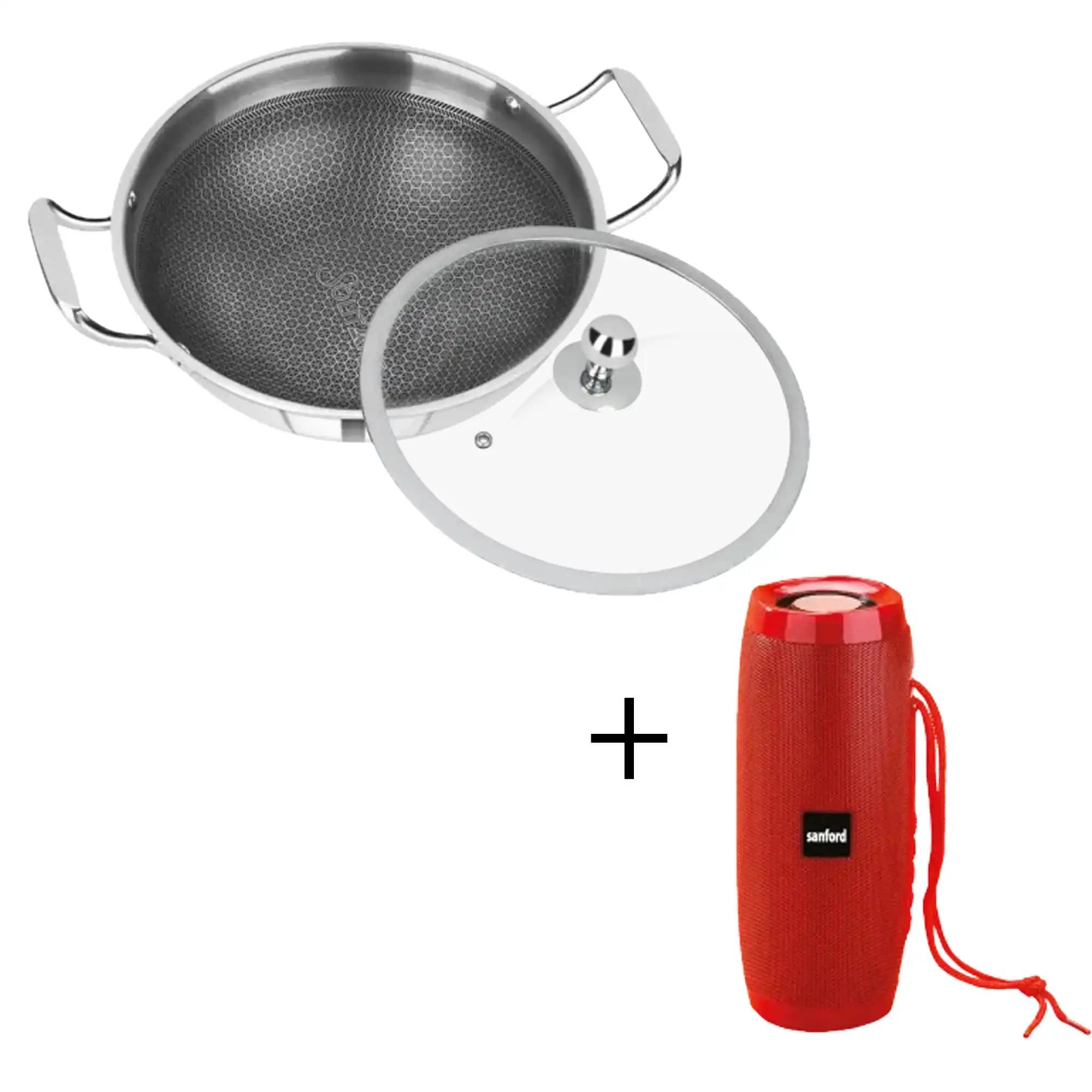 SOLITAIRE Non Stick Triply Stainless Steel Honey Comb Wok 26cm HCKGL04 – Add Rs 200 and Get the Sanford Portable Rechargeable Speaker FM Radio SF2213PS worth Rs 1275