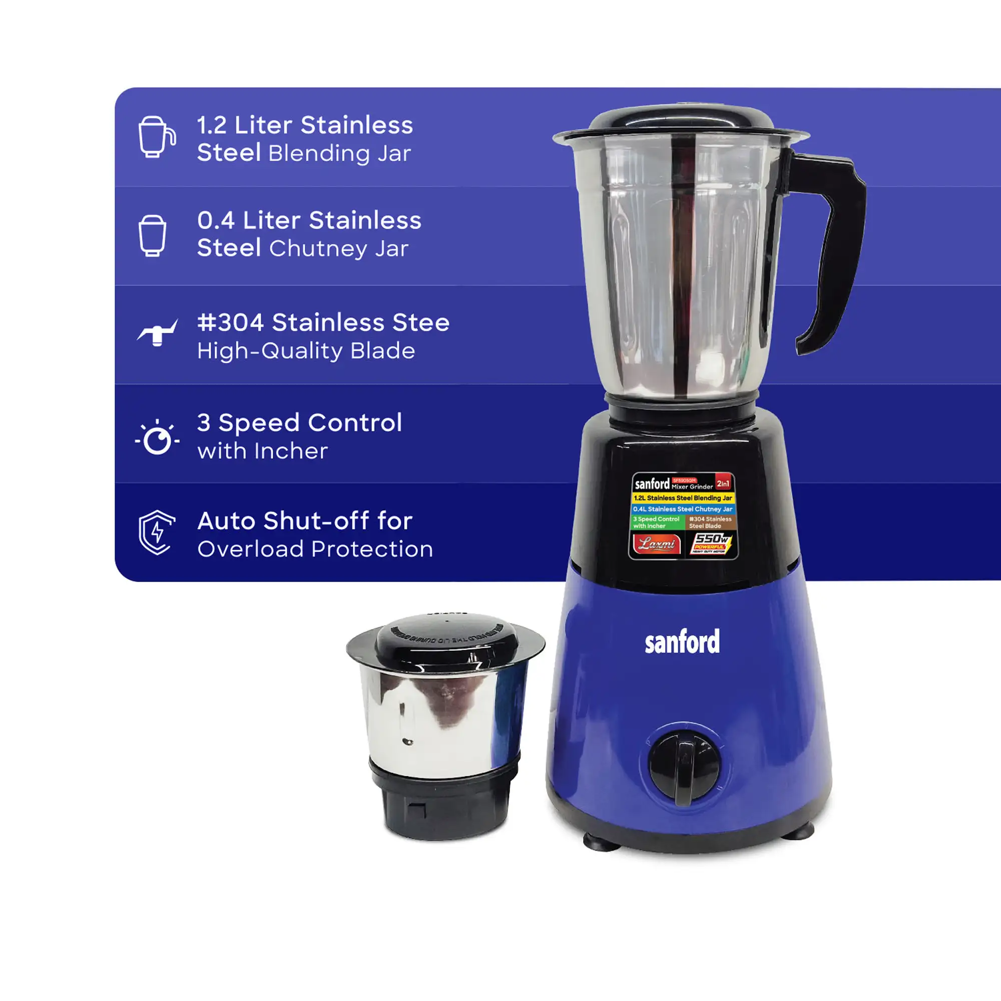 SANFORD 550W Mixer Grinder with 1.2L Blending Jar and Chutney Jar | SF5905GM C (as per colour available) - Image 6