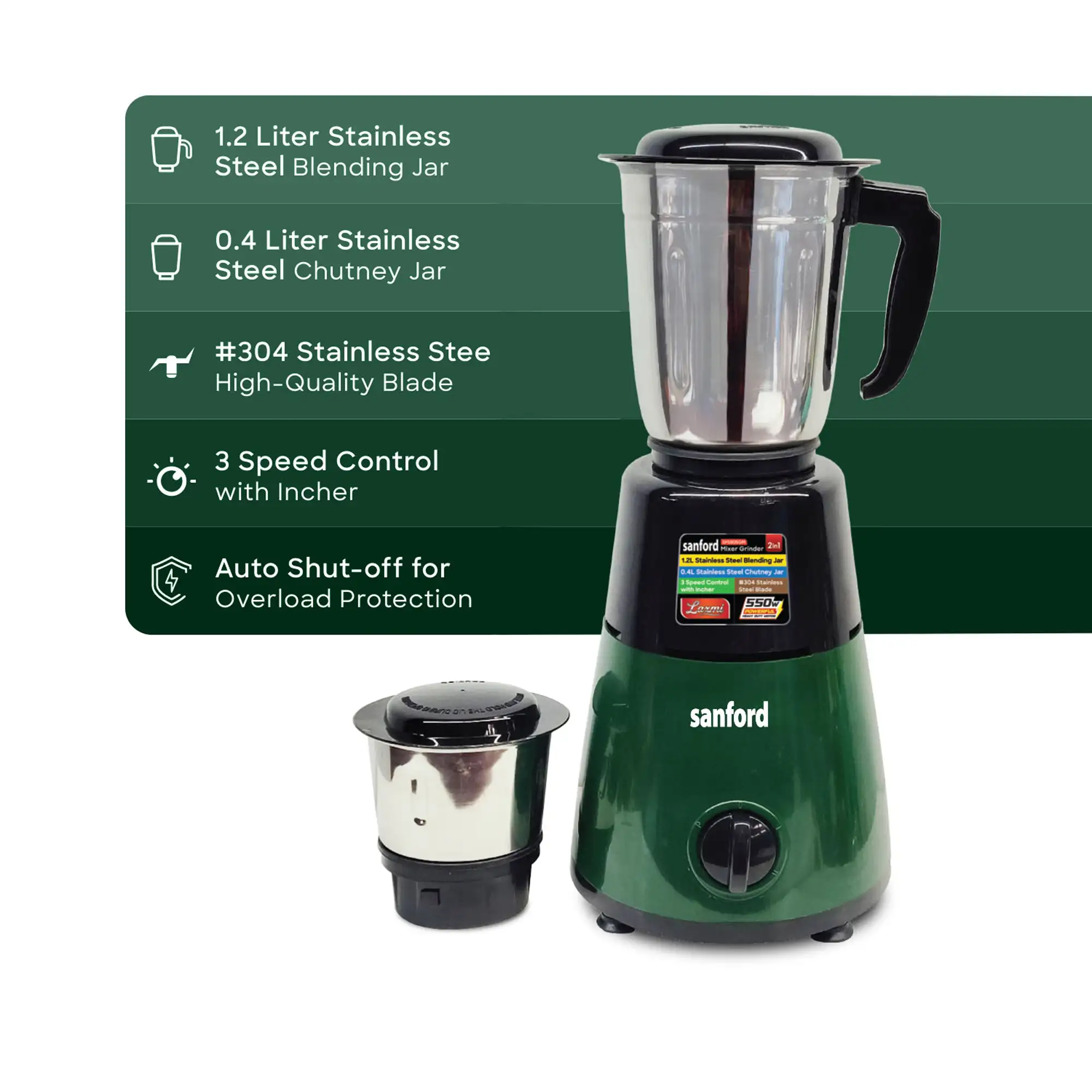 SANFORD 550W Mixer Grinder with 1.2L Blending Jar and Chutney Jar | SF5905GM C (as per colour available) - Image 3