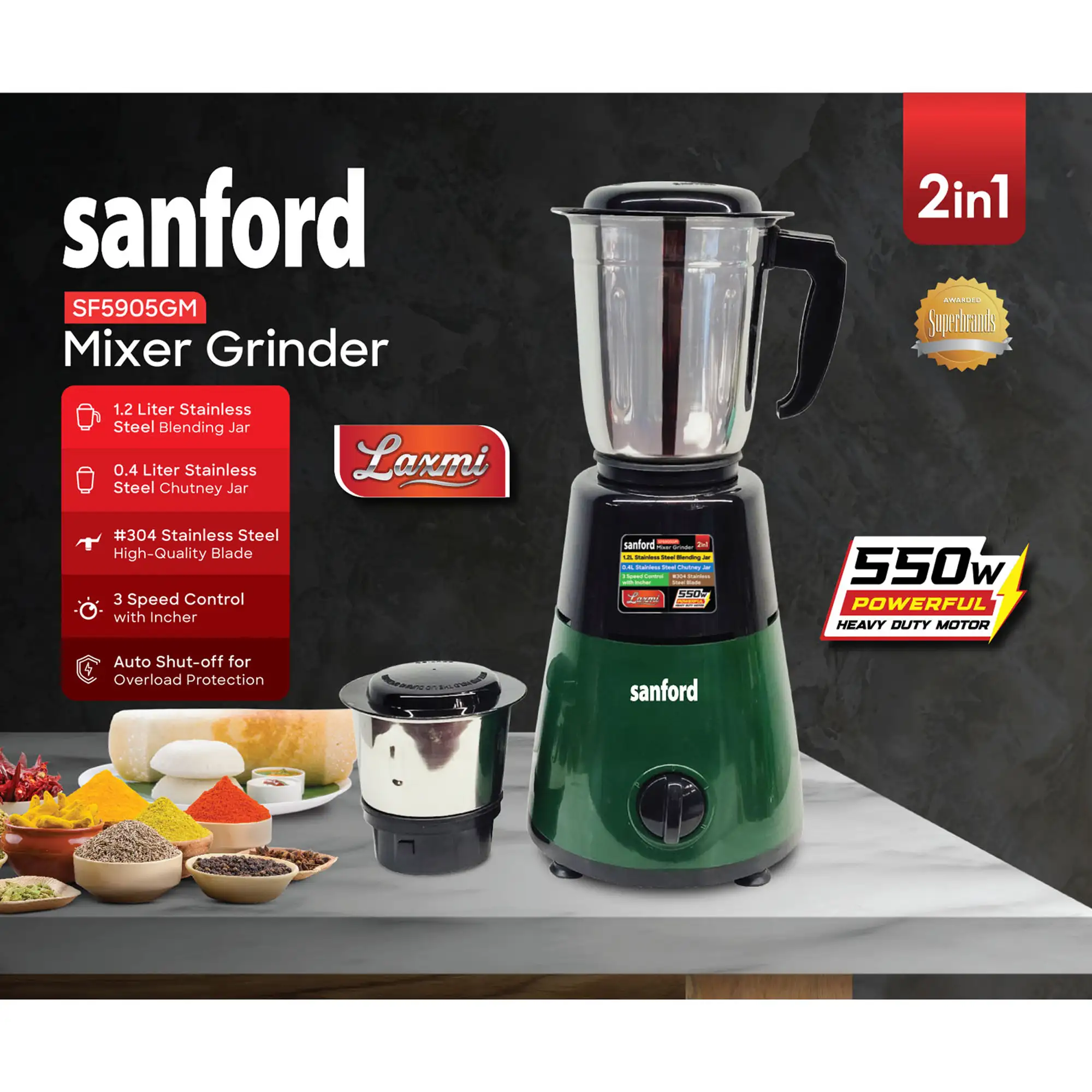 SANFORD 550W Mixer Grinder with 1.2L Blending Jar and Chutney Jar | SF5905GM C (as per colour available) - Image 2
