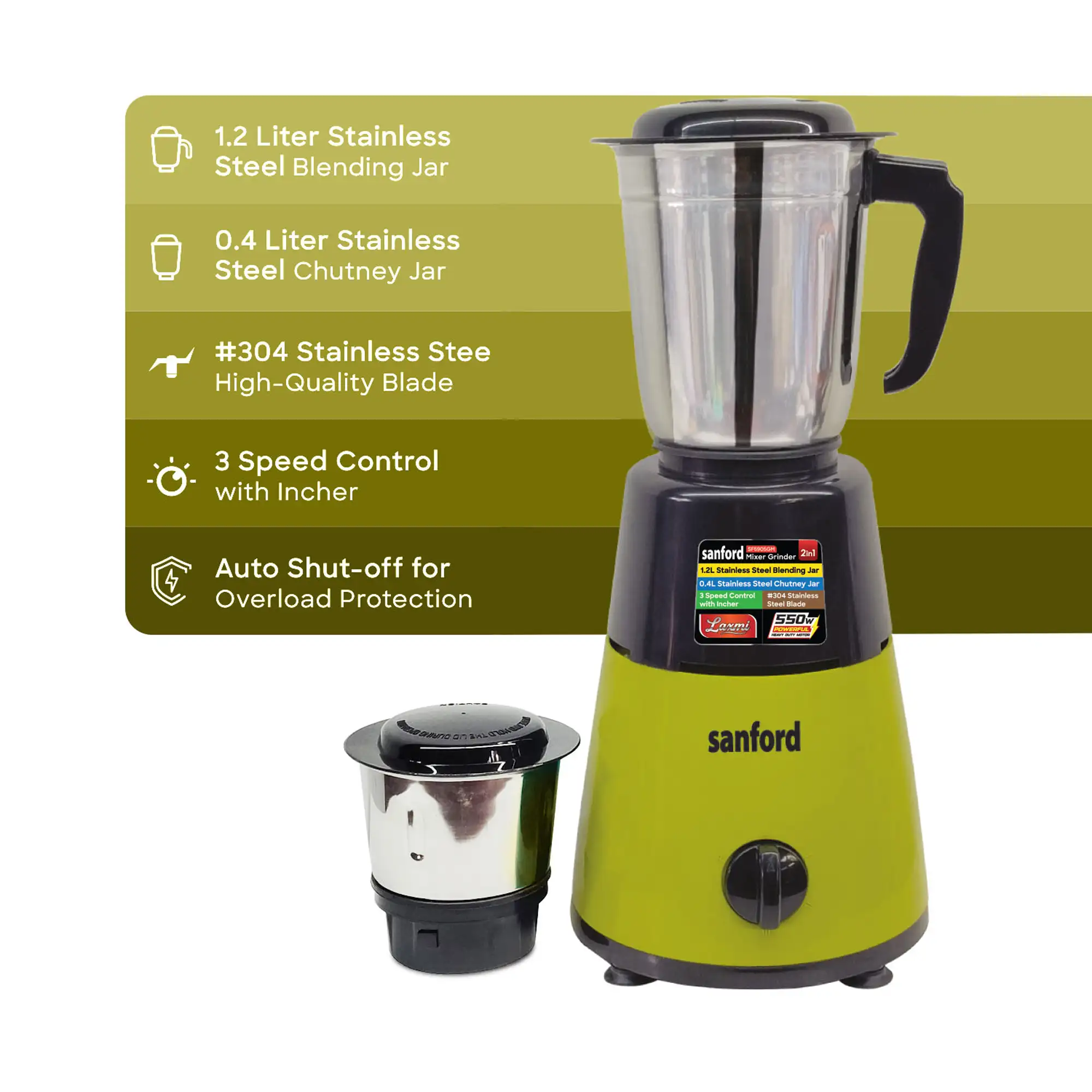 SANFORD 550W Mixer Grinder with 1.2L Blending Jar and Chutney Jar | SF5905GM C (as per colour available) - Image 4