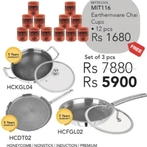 SOLITAIRE Triply Stainless Steel Set + Free MIT116 Chai Mitticool Clay Glasses 12pcs worth Rs 1680
