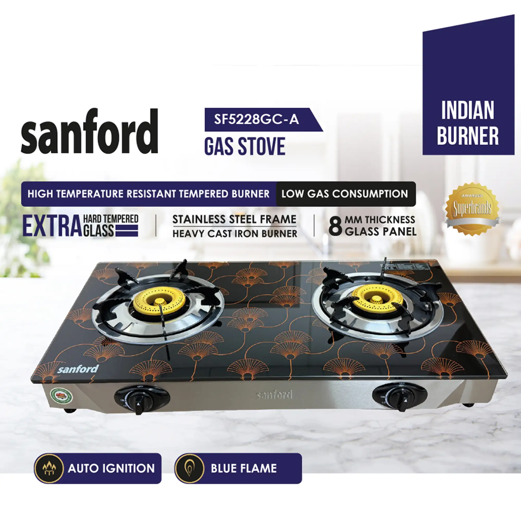 SANFORD Gas Stove Tempered Glass Double Burner SF5228GC-A-Design1 + Free K1202B Box Fan worth Rs 1390 - Image 3