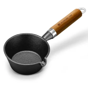 WONDERCHEF Ferro Light-weight Cast-iron Tadka Pan for Tempering, 40% Lighter, Pre-seasoned with 100% Vegetable Oil, Chemical-free, Induction-friendly, Long Cool-touch Wood Handles, 10-Yr Warranty WON781-63155163
