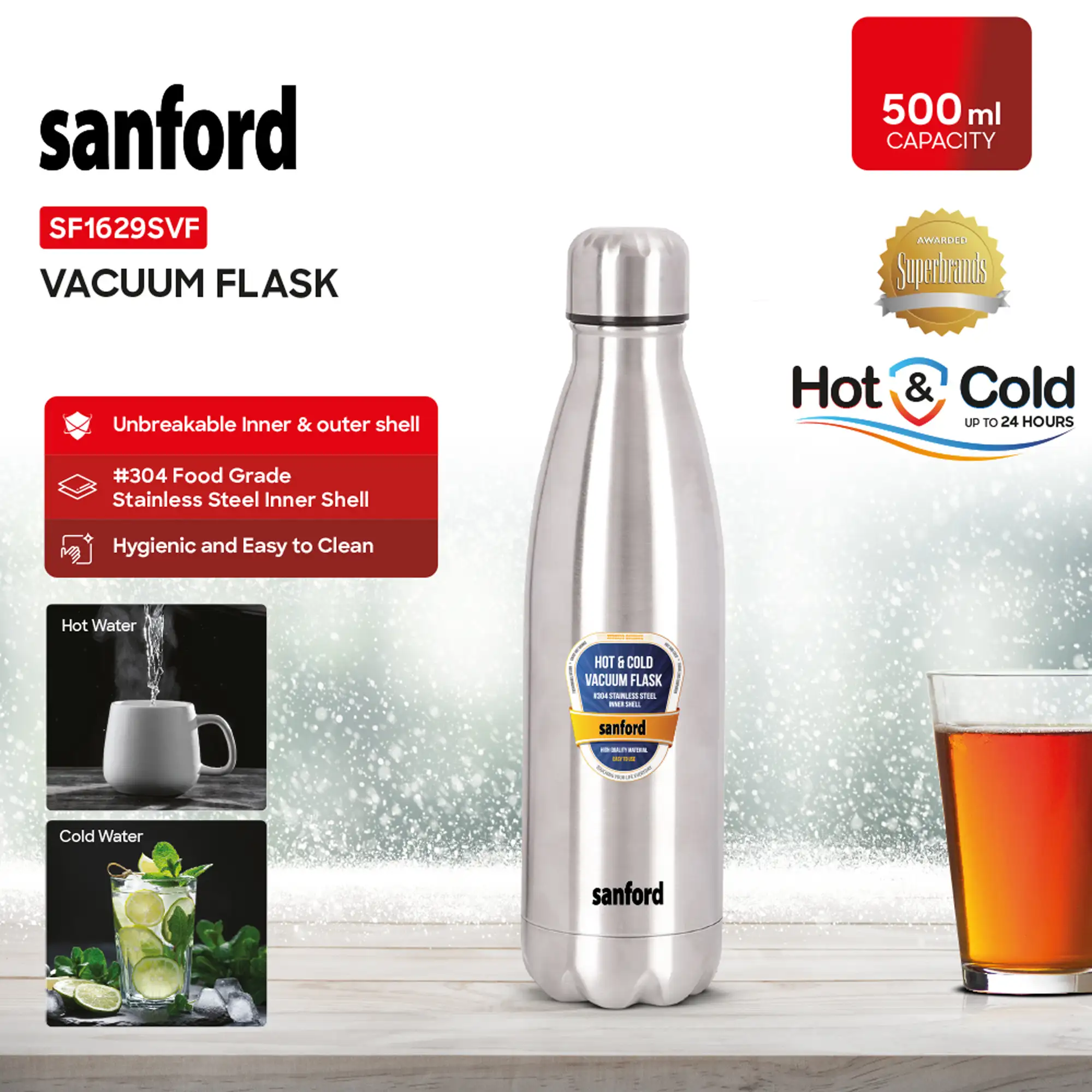 SANFORD Vacuum Flask 500ML HOT-COLD Stainless Steel SF1629SVF (Get 2 units at Rs 1200) - Image 5