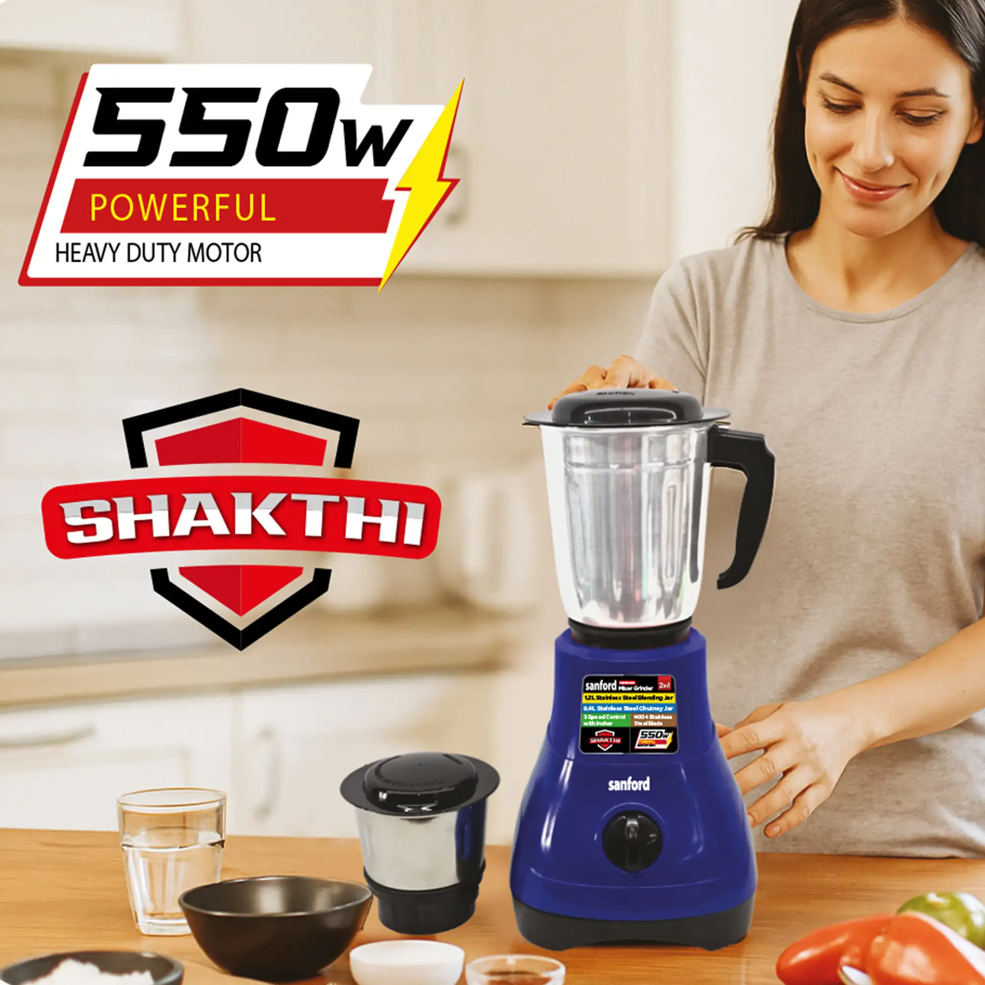 SANFORD Mixer Grinder 550W SF5900GM (as per availability of colour) + Free SF1333HM Rechargeable Hand Mixer - Image 2