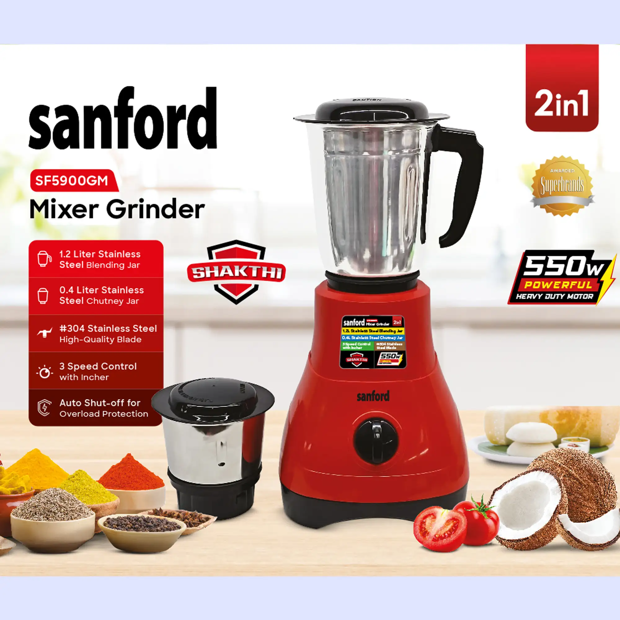 SANFORD Mixer Grinder 550W SF5900GM (as per availability of colour) + Free SF1333HM Rechargeable Hand Mixer - Image 3