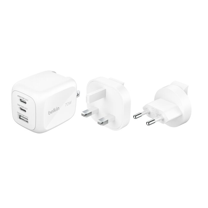 BELKIN 3-PORT GaN Wall Charger 70W Travel Adapter Kit WCH018HQWH