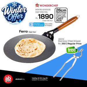 WONDERCHEF Ferro Light-weight Cast-iron Roti Tawa | 26cm | Pre-seasoned with 100% Vegetable Oil | 40% Lighter than Regular Cast-iron Cookware | Cool-touch Real Acacia Wood Handles | 10-Year Warranty WON790-63155028 + FREE ABD519 S-Steel Gripper worth Rs 250