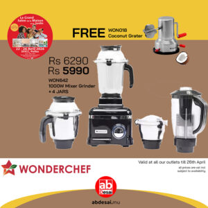 WONDERCHEF Sumo Black DLX Mixer Grinder with 4 Stainless Steel Jars, 1000 W in Black WON642-63154742 + FREE WON018 Coconut Scraper