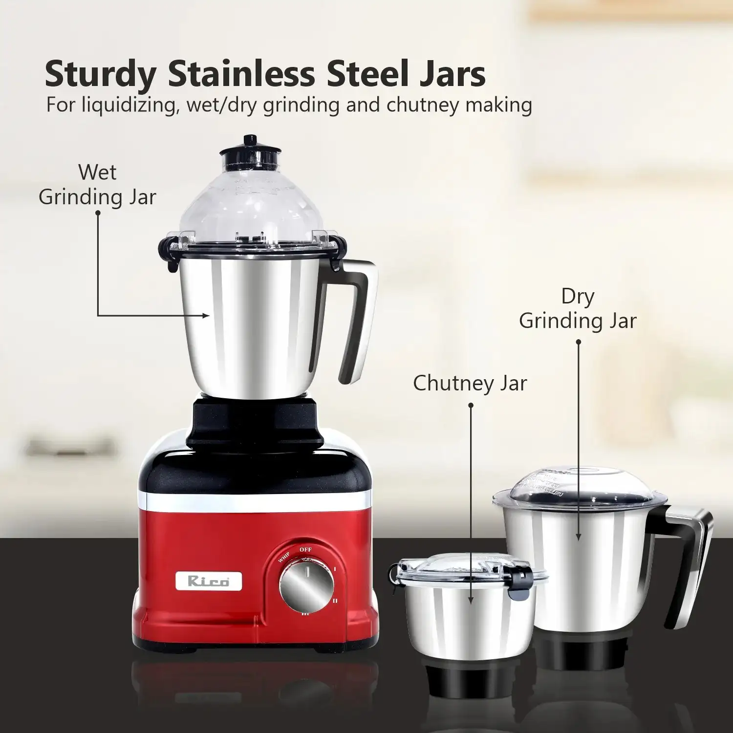 RICO Mixer Grinder MG2513 1000W 3 JARS - Image 6
