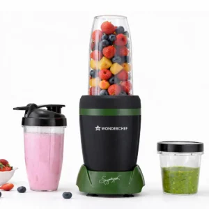 WONDERCHEF NutriBlend Turbo 750W Mixer Grinder Blender Smoothie Maker, 22000 RPM, 3 Jars, Stainless-Steel Blades, Sipper Jar & Lid, 2-Yr Warranty, FREE Recipe Book by Chef Sanjeev Kapoor, Black & Green (WON797-63155246) + WON783 Chopper Free