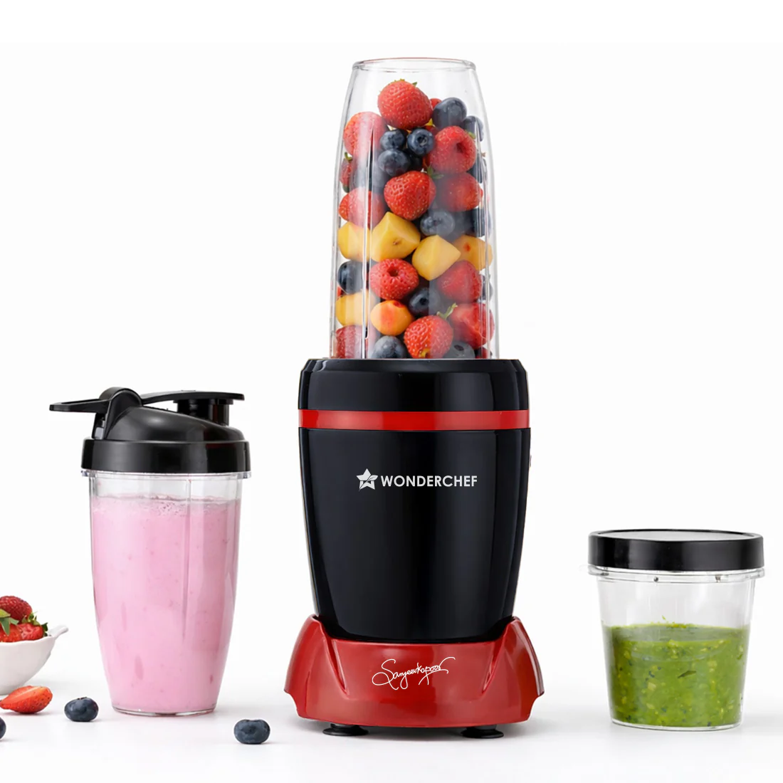 WONDERCHEF NutriBlend Turbo 750W Mixer Grinder Blender Smoothie Maker, 22000 RPM, 3 Jars, Stainless-Steel Blades, Sipper Jar & Lid, 2-Yr Warranty, FREE Recipe Book by Chef Sanjeev Kapoor, Black & Red (WON798-63155247) + WON783 Chopper Free