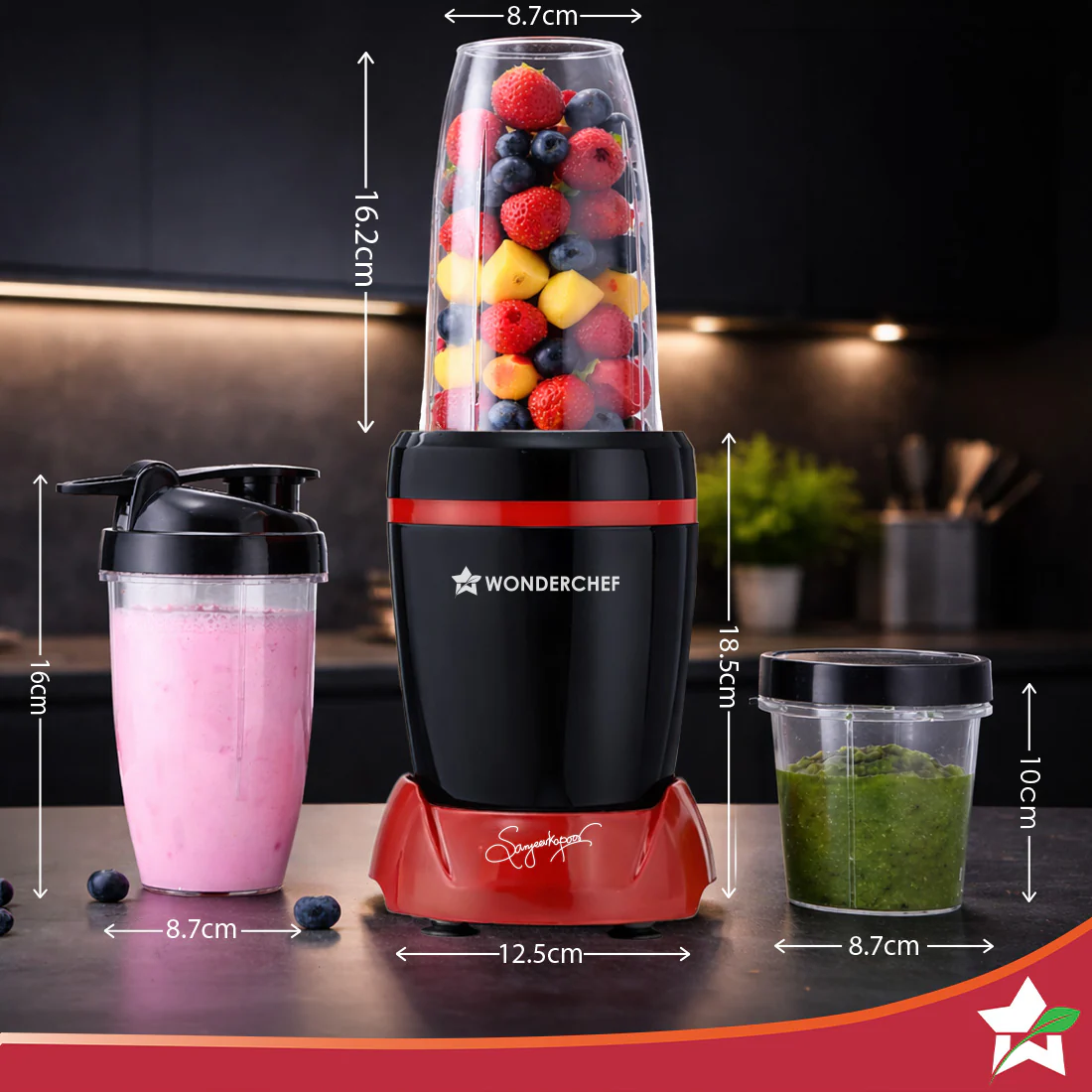 WONDERCHEF NutriBlend Turbo 750W Mixer Grinder Blender Smoothie Maker, 22000 RPM, 3 Jars, Stainless-Steel Blades, Sipper Jar & Lid, 2-Yr Warranty, FREE Recipe Book by Chef Sanjeev Kapoor, Black & Red (WON798-63155247) + WON783 Chopper Free - Image 3