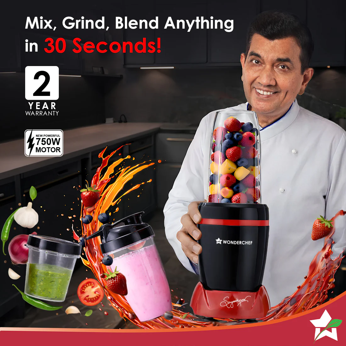 WONDERCHEF NutriBlend Turbo 750W Mixer Grinder Blender Smoothie Maker, 22000 RPM, 3 Jars, Stainless-Steel Blades, Sipper Jar & Lid, 2-Yr Warranty, FREE Recipe Book by Chef Sanjeev Kapoor, Black & Red (WON798-63155247) + WON783 Chopper Free - Image 4