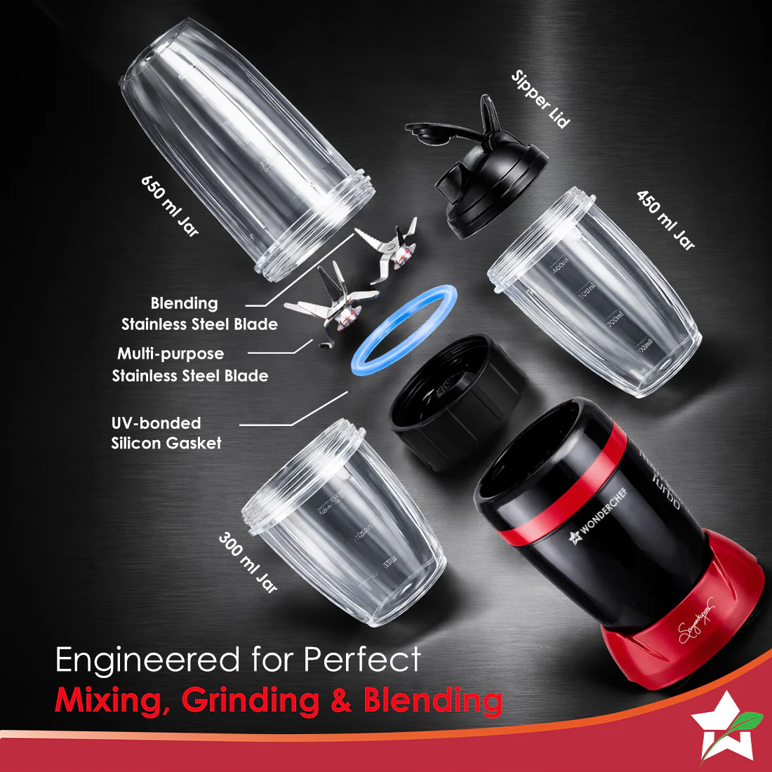 WONDERCHEF NutriBlend Turbo 750W Mixer Grinder Blender Smoothie Maker, 22000 RPM, 3 Jars, Stainless-Steel Blades, Sipper Jar & Lid, 2-Yr Warranty, FREE Recipe Book by Chef Sanjeev Kapoor, Black & Red (WON798-63155247) + WON783 Chopper Free - Image 6