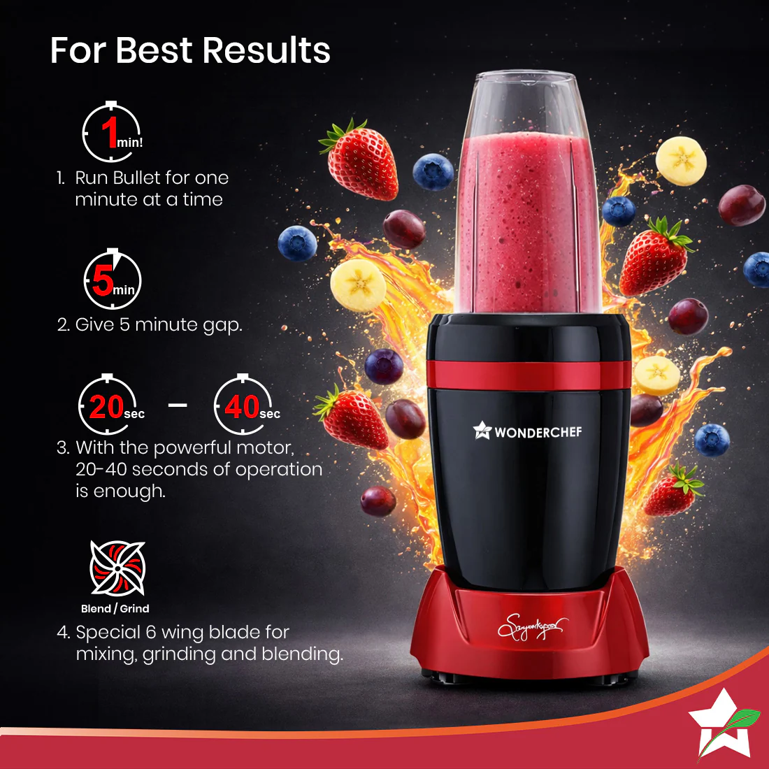 WONDERCHEF NutriBlend Turbo 750W Mixer Grinder Blender Smoothie Maker, 22000 RPM, 3 Jars, Stainless-Steel Blades, Sipper Jar & Lid, 2-Yr Warranty, FREE Recipe Book by Chef Sanjeev Kapoor, Black & Red (WON798-63155247) + WON783 Chopper Free - Image 8